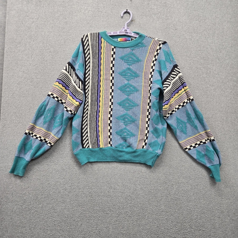 VINTAGE Saturdays Men Sweater XL Blue Geometric Striped Textured Pullover